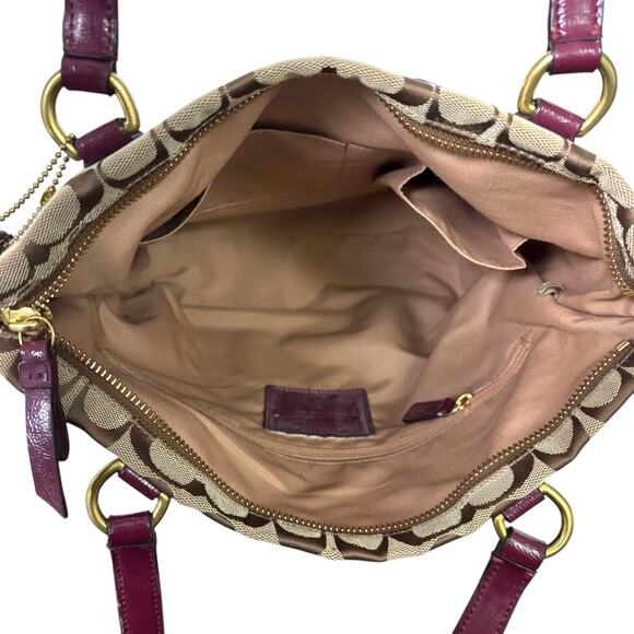 Coach Signature Stripe Tote Bag Tan Jacquard Pink Plum Patent Leather F28504 - Picture 11 of 15